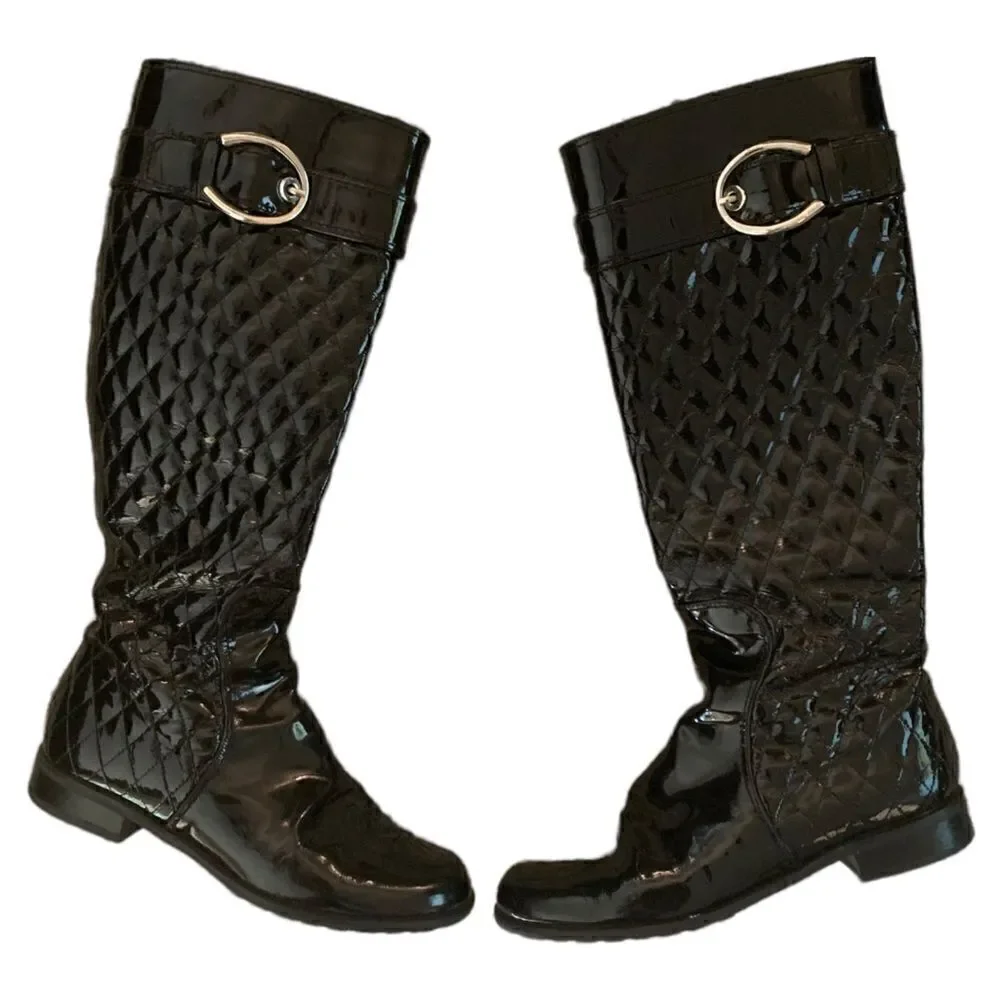 Stuart Weitzman Black Patent Leather Quilted Knee Boots